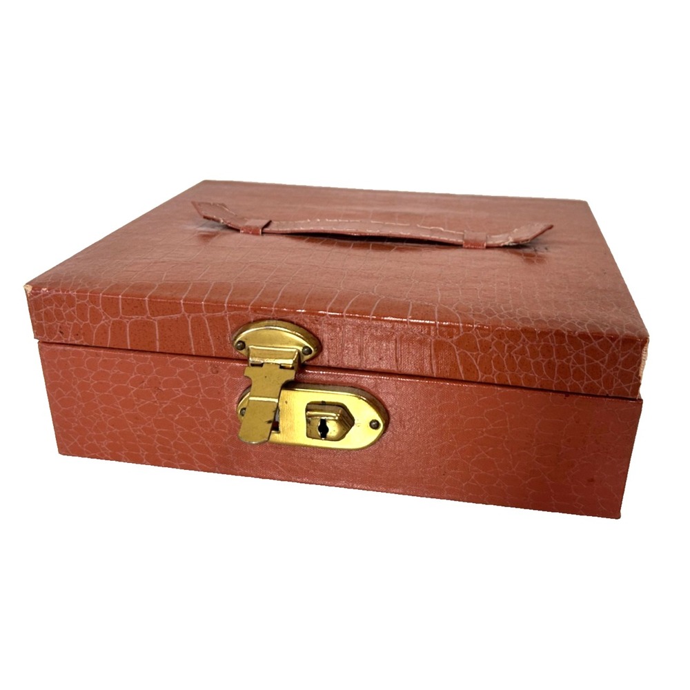 Vintage Faux Crocodile Jewelry Box Handle Brown Red Interior Lock Lift Out USA